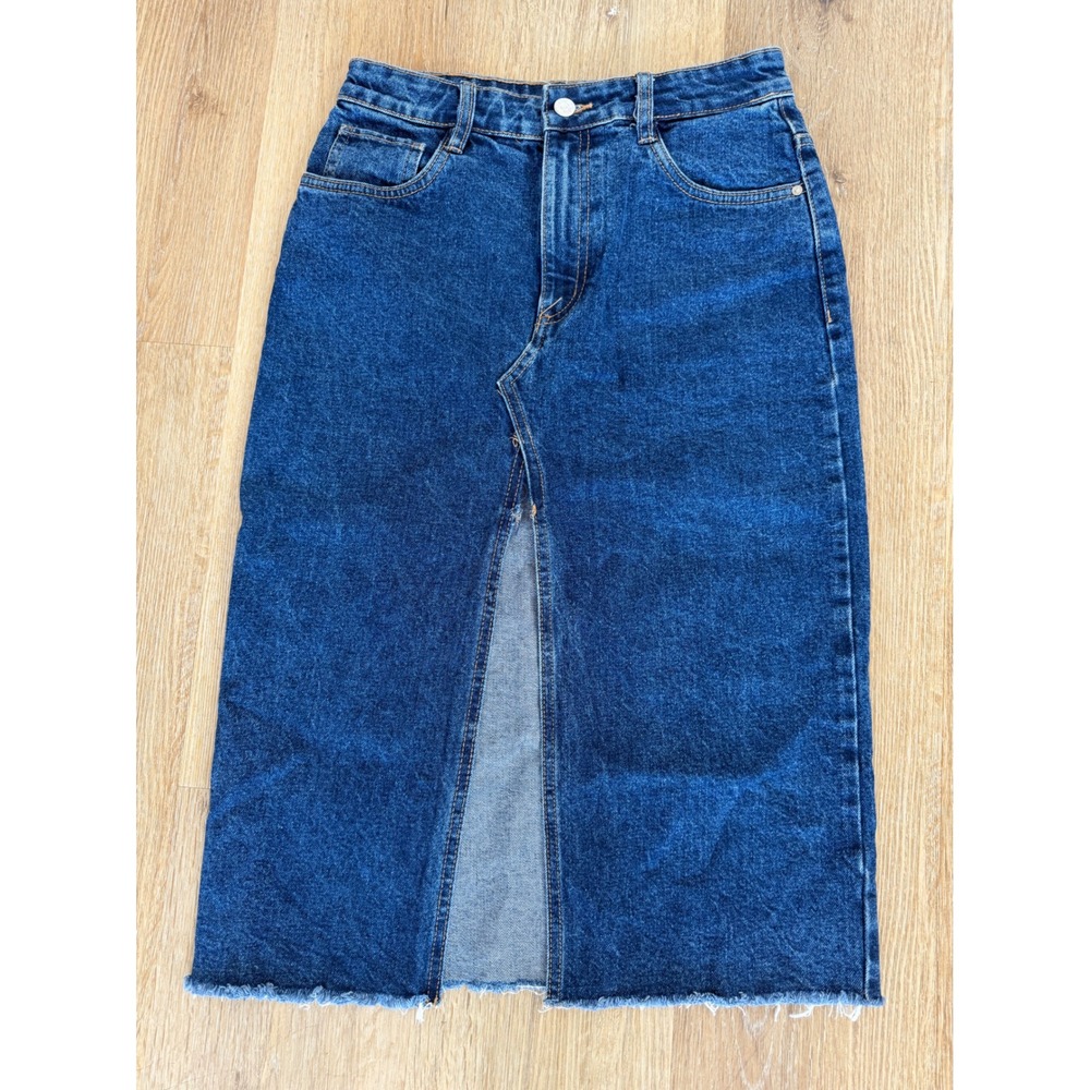 Zara Y2K Western Boho Front Slit Midi Skirt Women 26 Blue Raw Hem Denim Skirt